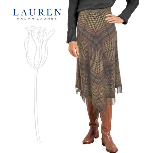 Lauren Ralph Lauren 100% Lambswool Asymmetric Fringe Tassel Plaid Skirt - Picture 1 of 11